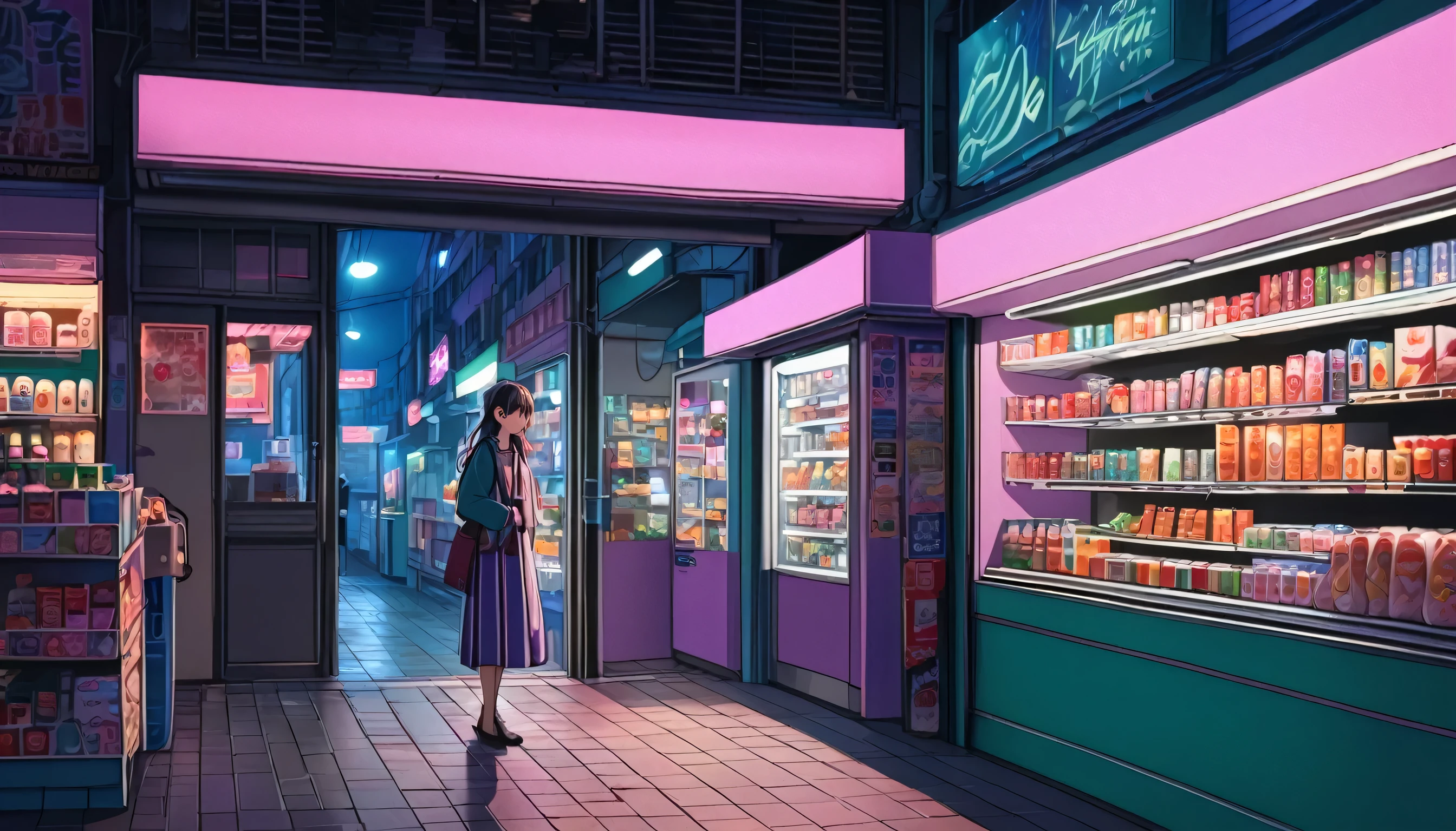 One girl, Midnight Convenience Store, beautiful, Vibrant city lights, The dark shelves are filled with snacks and drinks., Tired-eyed cashier, Fluorescent lamps that emit a soft light, Customers wandering the aisles late at night, A blinking neon sign outside a store, A sense of mystery and solitude, A hazy atmosphere that evokes nostalgia, Cinematic and atmospheric, High-resolution details for subtle nuances, A combination of realism and dreaminess, urban beautiful blending with a hint of surrealism, Cool blue and purple tones, Soft shadows and subtle highlights, An atmosphere that evokes a sense of calm and possibility in the middle of the night.