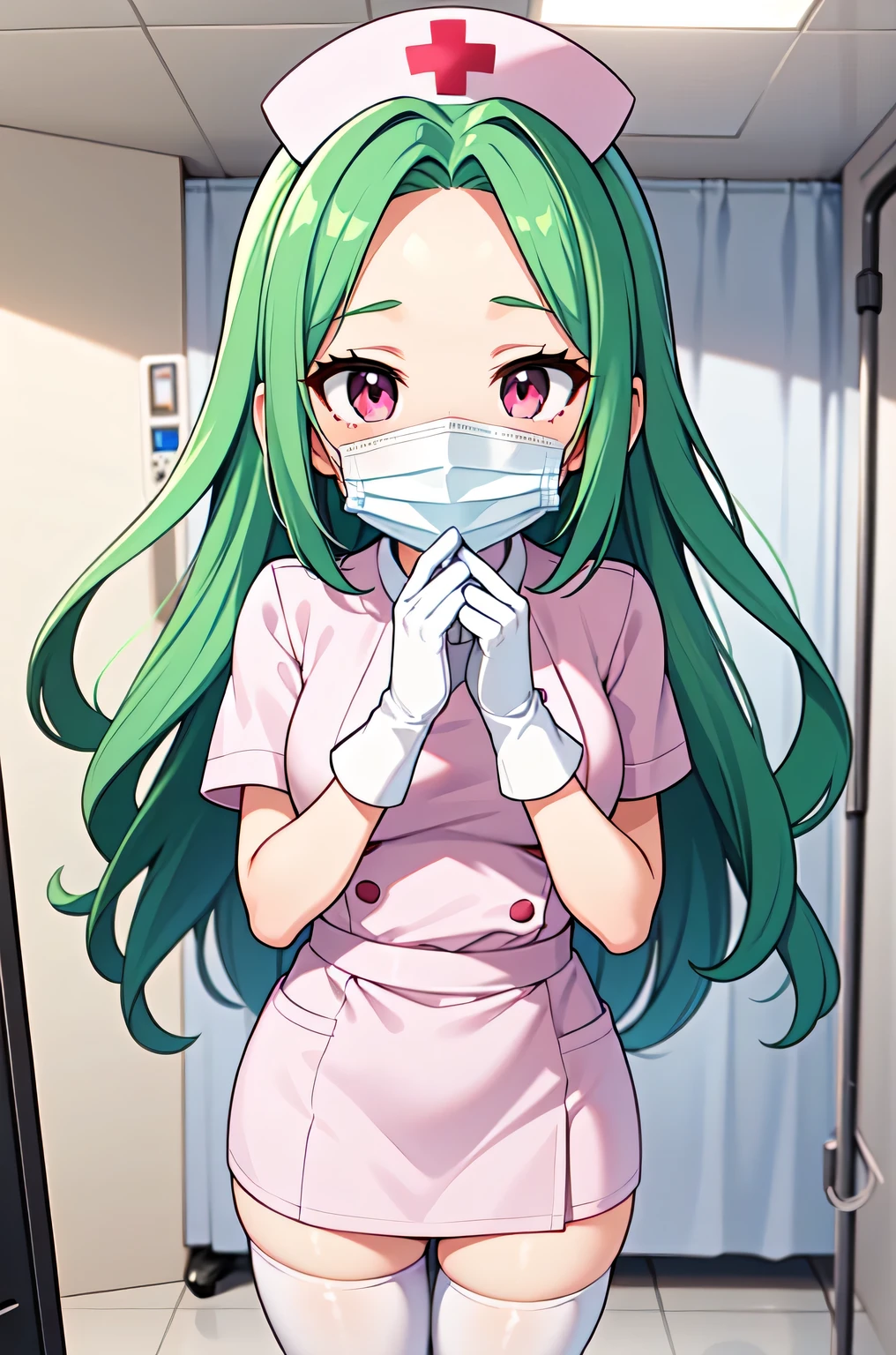1woman, solo, nurse, white nurse cap, white nurse uniform, ((white legwear, zettai ryouiki)), white gloves, forehead, long hair, green hair, pink eyes, ((white surgical mask, covered nose)), standing, ((hospital room)), sharp outline, short sleeves, mature female, 35 years old, best quality, masterpiece