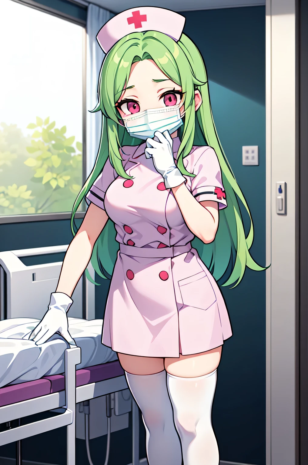 1woman, solo, nurse, white nurse cap, white nurse uniform, ((white legwear, zettai ryouiki)), white gloves, forehead, long hair, green hair, pink eyes, ((white surgical mask, covered nose)), standing, ((hospital room)), sharp outline, short sleeves, mature female, 35 years old, best quality, masterpiece