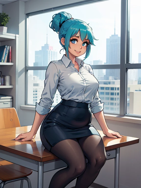 art by kipteitei, 1girl, (aqua blue hair), aqua blue hair, hair up, blue eyes, black pencil skirt, dress shirt, (black tights), happy expression, (skinny), [stuffed belly], (holding donut), sitting in office, leaning back in chair, fancy office background with lots of windows, (best quality, masterpiece)
