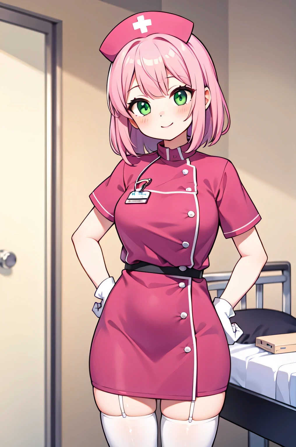 1woman, solo, nurse, white nurse cap, white nurse uniform, ((white legwear, zettai ryouiki)), white gloves, pink hair, green eyes, drooping eyes, pink lips, smile, standing, ((hospital room)), sharp outline, short sleeves, mature female, 32 years old, best quality, masterpiece