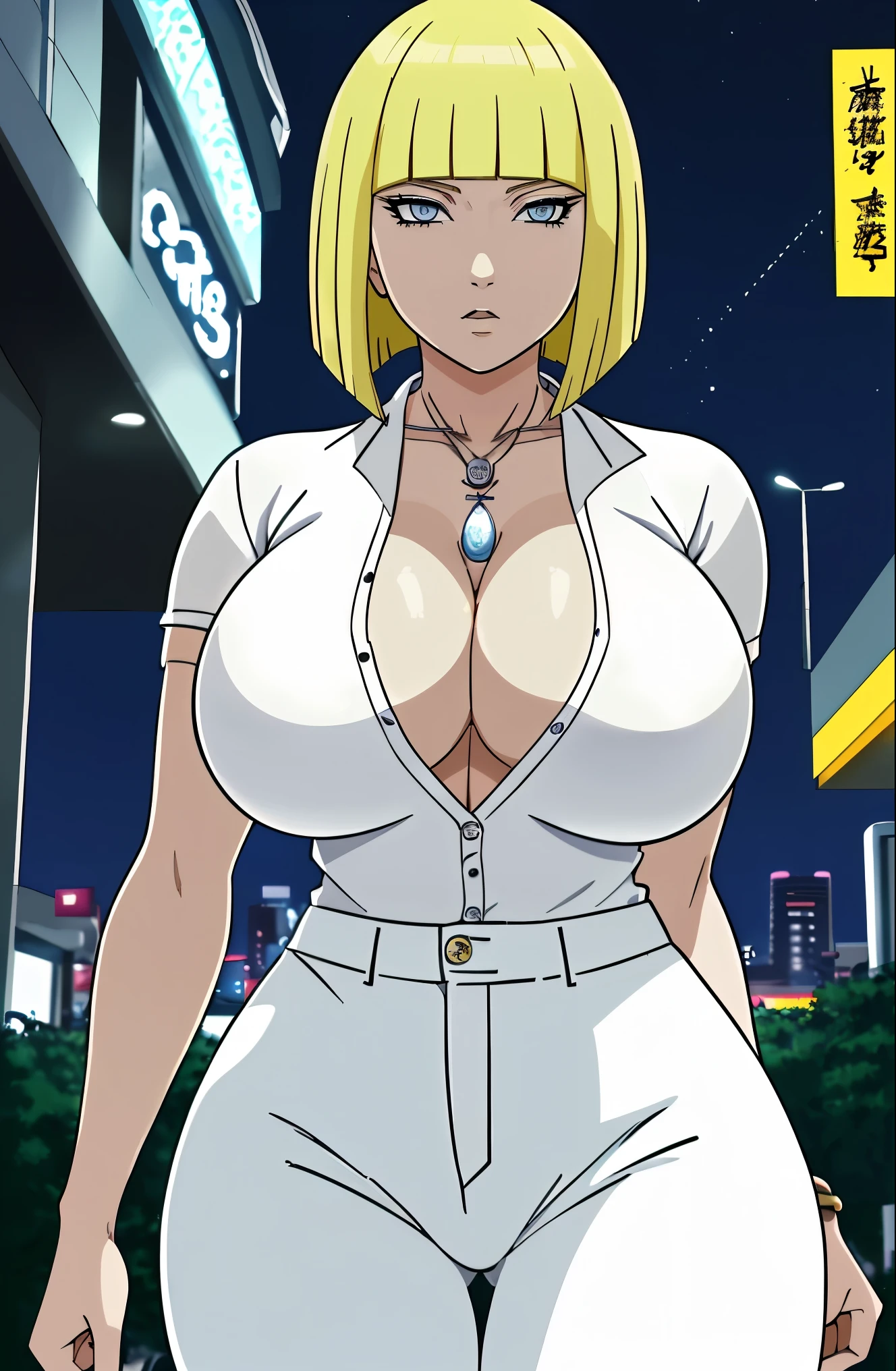 Samui from naruto, very short yellow hair, fringed bob cut with slanted sides, blue eyes, big breast big thighs, wearing white tight elbow sleeve polo button up shirt tucked in white jeans, cleavage, necklace, night city environment, very curvy, hourglass physique, white pants, white clothing, very curvy, white dress shirt, no bra