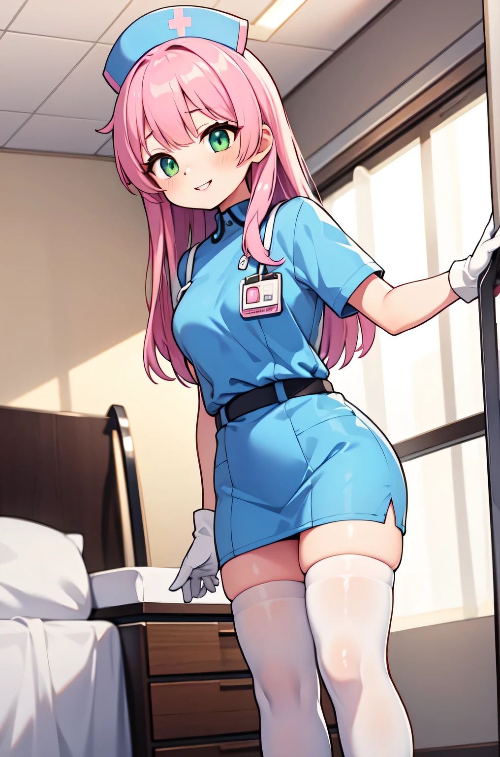 1woman, solo, nurse, white nurse cap, white nurse uniform, ((white legwear, zettai ryouiki)), white gloves, pink hair, green eyes, drooping eyes, pink lips, smile, standing, ((hospital room)), sharp outline, short sleeves, mature female, 32 years old, best quality, masterpiece