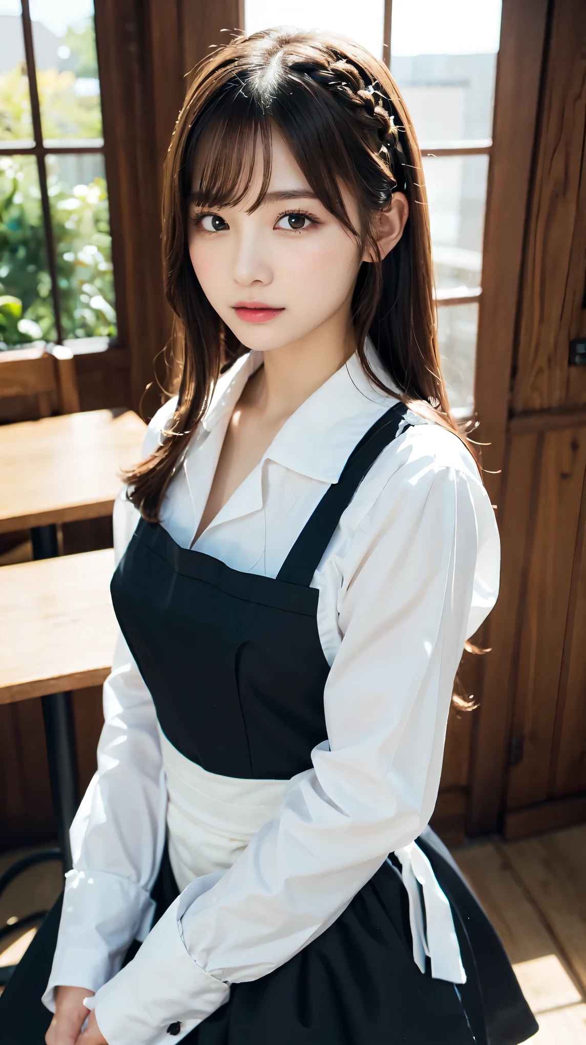 One Girl, apron, Black dress,  blush, Braiding, dress, Eyebrows visible through hair, Frills, gloves, Hair between the eyes, jewelry, Juliet Sleeve, Long sleeve, Maid, Maid apron, Maidの頭飾り, Puffy sleeves, short hair, Sitting, White apron, window, Huge 、Nogizaka Idol、Korean Idol、Gravure idol pose、actress、Age 25、expensive、Cafe、restaurant, Official Art，Highly detailed CG Unity 8k wallpaper, (masterpiece:1.0),(highest quality:1.0), photo shoot, 8k, Browsing Caution, High resolution, Kodak Portrait 400, Film Grain, Lens flare brilliance,Show Viewer