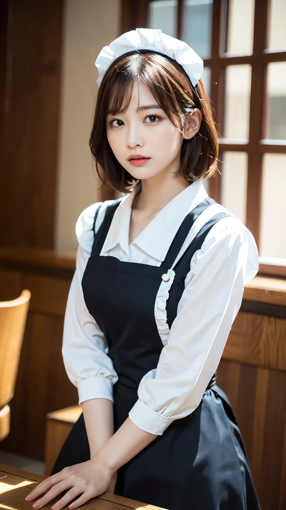 One Girl, apron, Black dress, blush, Braiding, dress, Eyebrows visible through hair, Frills, gloves, Hair between the eyes, jewelry, Juliet Sleeve, Long sleeve, Maid, Maid apron, Maidの頭飾り, Puffy sleeves, short hair, Sitting, White apron, window, Huge 、Nogizaka Idol、Korean Idol、Gravure idol pose、actress、Age 25、expensive、Cafe、restaurant, Official Art,Highly detailed CG Unity 8k wallpaper, (masterpiece:1.0),(highest quality:1.0), photo shoot, 8k, Browsing Caution, High resolution, Kodak Portrait 400, Film Grain, Lens flare brilliance,Show Viewer