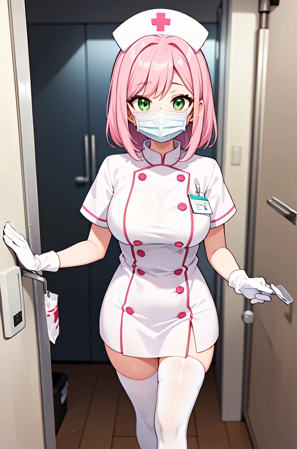 1woman, solo, nurse, white nurse cap, white nurse uniform, ((white legwear, zettai ryouiki)), white gloves, pink hair, green eyes, drooping eyes, ((white surgical mask, covered nose)), standing, ((hospital room)), sharp outline, short sleeves, mature female, 32 years old, best quality, masterpiece