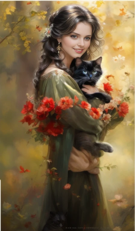 Painting of a woman, holding a cat in her arms, Magali Villeneuve, woman and cat, inspired Cynthia Sheppard, Художник-график Magali Villeneuve, Cynthia Sheppard, magali villeneuve and monet, she holds a cat in her arms, fantasy style portrait, with flowers, Author: Magali Villeneuve, Ian J., beautiful girl, fantasy portrait