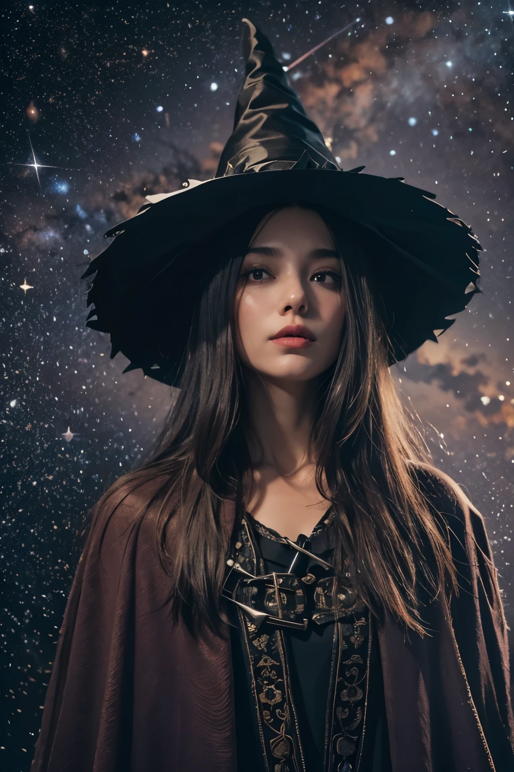 Araped woman wearing witch hat and wizard robe, No makeup , without makeup, portrait of a girl, Profile picture, Use Instagram Filters, Subtle soft and dim light, magic school, perfect face, julia sardinian, broomstick, night sky, Milky Way, star, 