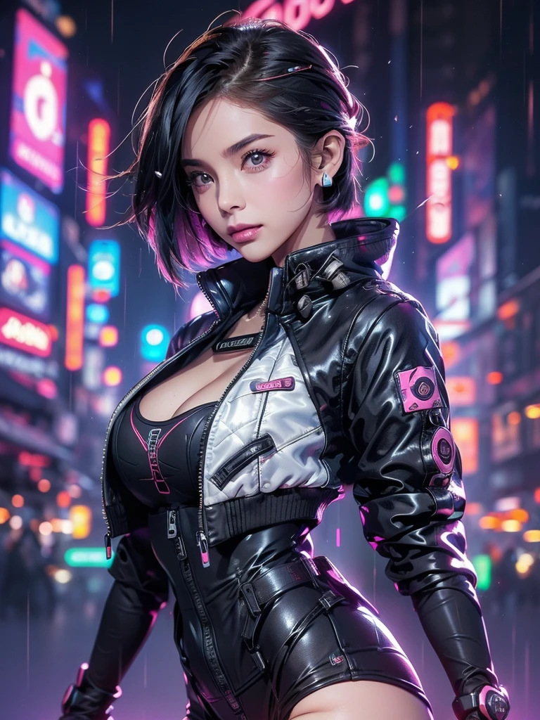 (closed:1.3)(highest quality, 8K,32k,masterpiece, UHD:1.2),Highly detailed CG Unity 8k wallpaper,Intricate details,Raw photo,(Realistic:1.4),atmosphere,Ultra-high resolution,Genuine,Huge_file size,Incredibly absurd,Ultra Illustration,(Very detailed),Dramatic lighting,different colors,Written boundary depth,art:Krenz Kushart,Shot with Canon EOS,SIGMA art lens 35mm F1.4,ISO200,Shutter Speed 2000, break, 1 girl,24-year-old Japan beauty,(Sensual smile,Gazing into the distance,Side view:1.1),short hair,(Black Hair,innovative hairstyles:1.2), Headphones,bright makeup,Red lipstick,eye shadow,double eyelid,Beautiful Eyes,Beautiful Eyes,Soft white skin that shines in every detail,Pale skin,Golden Ratio Face,Very well-shaped face,Natural Nose,Beautiful nose,Detailed information,Lips Detail,Glossy, beautiful lips,Glossy lips,low neckline,break, (つま先までのfull body shot,Dynamic pose,full body shot:1.3),(Hide cleavage:1.2),Beautiful bell-shaped breasts,自信に満ちたcyber punkガール,(Long legs,Big round buttocks:1.2),(Brand collection fashion brand theme:1.5),(cyber punk, one piece, Latex Fusion:1.3), (Aラインマキシラテックスone piece:1.4), (Short jacket:1.4), (Silver earrings:1),break,cyber punkな都市景観, skyscraper, neon, LED Light,Bright and vivid color scheme,Nobody is here,(rain,night:1.2)