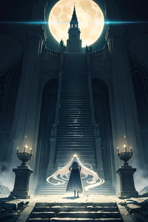 (Obra maestra:1.2), Mejor calidad, (illustration:1.2), (ultra detallado), hiper detalles, (delicado detallado), (detalles intrincados), (cinematic light, Mejor calidad Backlights), Delete line, solista, Cuerpo perfecto, (1 chica), A stunning digital painting portraying a full length image of an (transformation of silver sparkles emitting of evil Devil godess luminescent glow that creates a hauntingly beautiful atmosphere evoking a sense of otherworldliness and wonder that transcends the ordinary) with a translucent anime (((evil ghost spirits))) form and (((very long white hair))). Its ethereal essence seamlessly blends with the vibrant colors of its surroundings, A fantastical (((stairway))) inspired by the styles of iconic artists like Vasily Polenov, Zdzisław Beksiński, and Louis Marie de Schryver, leading up to a (((full moon))) with ethereal details and surreal atmosphere a the physical and spiritual worlds converge in a truly captivating image, (constituir), alto contraste, (mejor iluminacion, un extremadamente creado y hermoso), (cinematic light), vistoso,