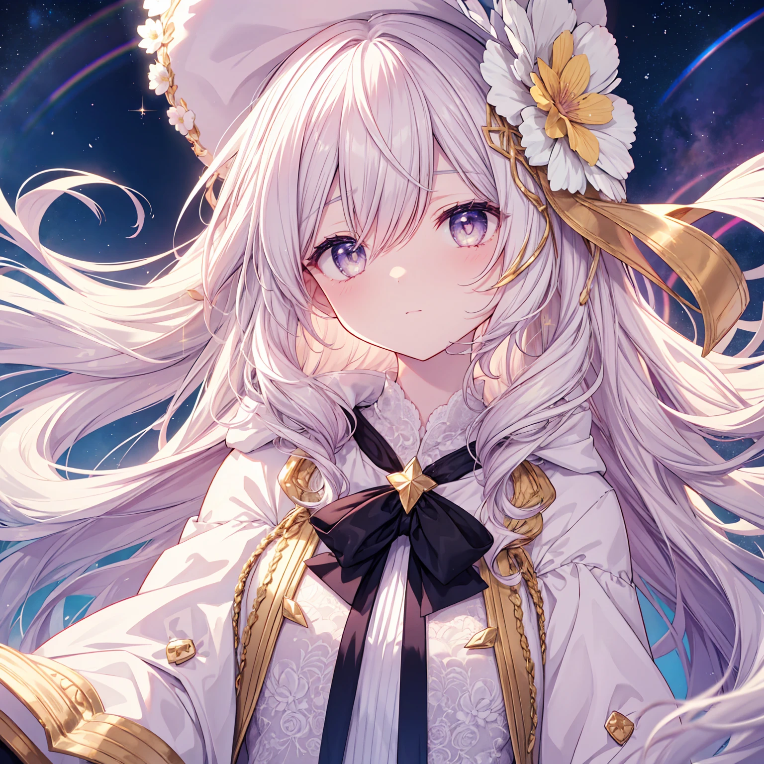 medium close up, the character is in the center of the frame, , 1 girl, , very long rainbow hair, big hair with flower, gold hair.lace, two-tone hair, beautiful detailed cold face, stars in eyes, medium chest circumference, hooded coat,pastel color Clothes,