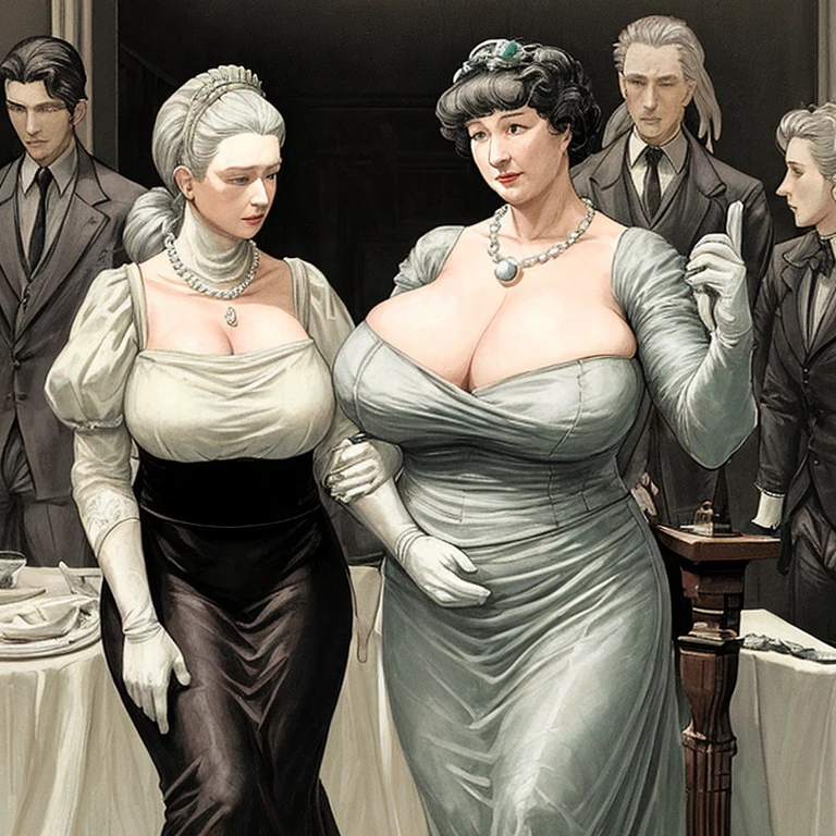 Generate an image of Gertrude Vanderbilt, a fat 76-year-old retired socialite and philanthropist. She stands at 165 cm tall with chubby physique. Her silver hair is impeccably styled in chic coiffure. She is dressed in a tailored skirt suit. She wears a pearl necklace around her neck. She is alone. She is very chubby. She wears a pair of gloves.