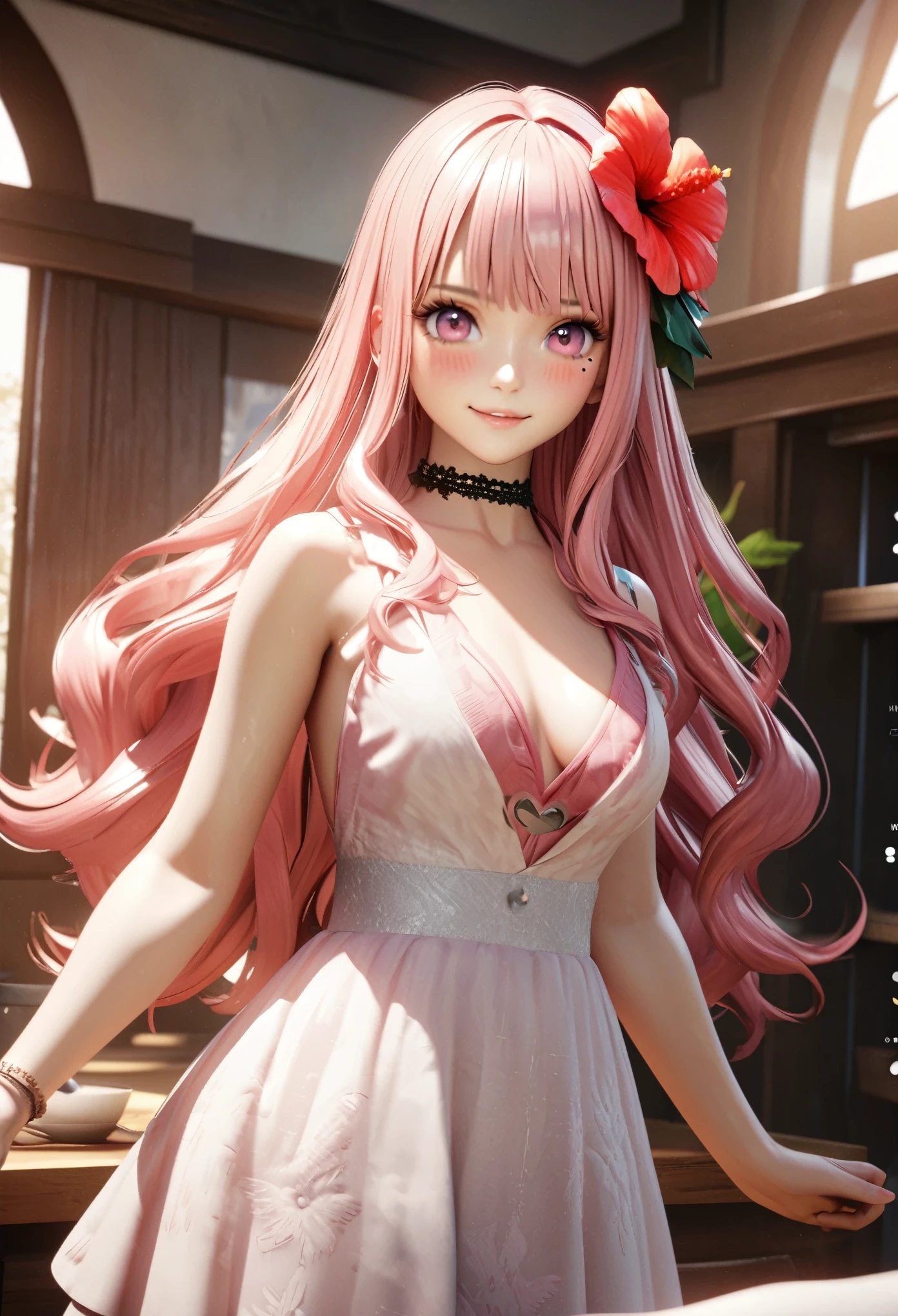 masterpiece, highest quality, Very detailed, High resolution, Expensive resolution, High resolution, 4K, 8k, unity 8k wallpaper, Very detailed CG, masterpiece, Realistic, 2D, 3D, Beautiful details, depth, Fine texture, highest quality: 1.3, Total concentration, Crisp skin, he, Very cute anime rabbit, A cute rabbit like an idol, expensive pink long hair, One Girl, Aloha One Piece, morning, morning食, Hibiscus Hair Accessories, Smiling long pink hair, whole body, Mole under the eye, Line Sight, expensive, blush, Lips parted, heart, Pink Eyes, choker