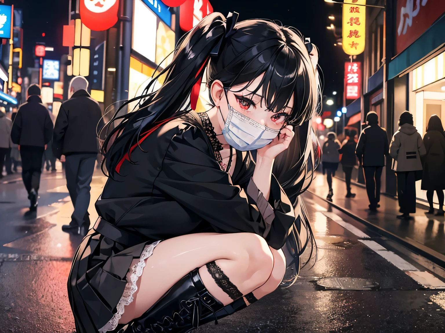 8k,masterpiece,best quality,Kabukicho、night,japanese girl,black hair,Twin tails、downer,buckle suspension short skirt,white blouse with lace,black tie_ribbon,Red eyeshadow,downer, squatting in the street,(black mouth mask),zip side boots,garter belt