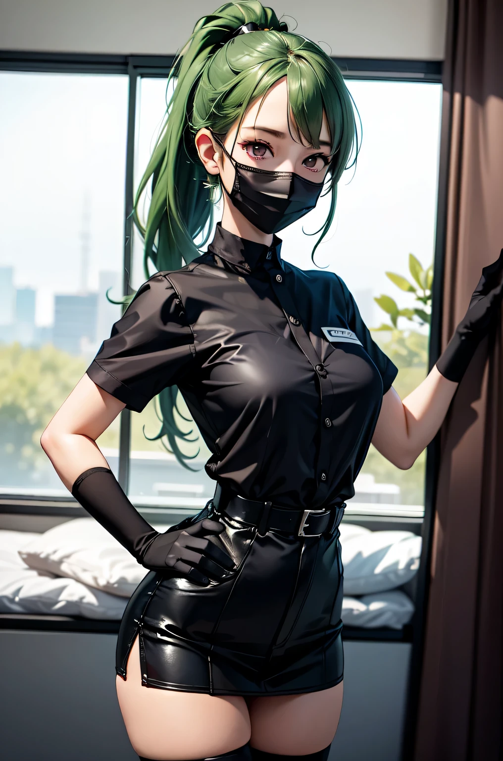 black nurse, 1girl, solo, black nurse cap, black nurse uniform, ((black legwear, zettai ryouiki)), black elbow gloves, ponytail, green hair, pink eyes, ((black surgical mask, covered nose)), standing, ((surgery room)), sharp outline, short sleeves, best quality, masterpiece