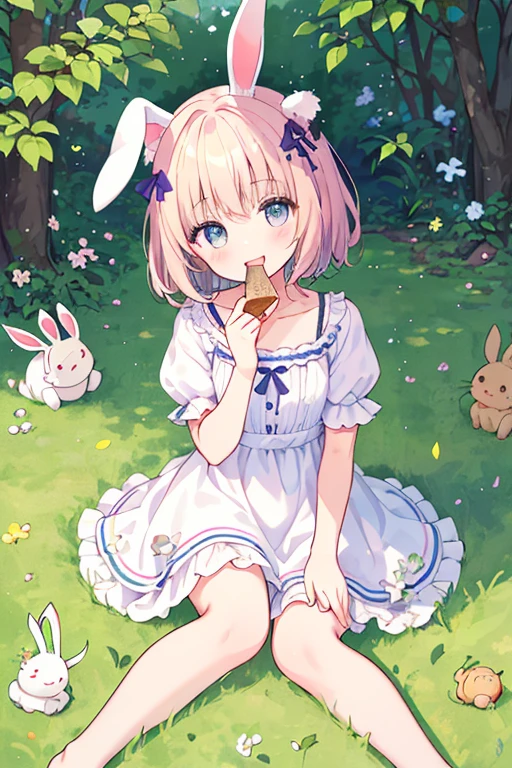 (masterpiece,highest quality), One girl,,Flat Chest, 一人in, 一人in focus, (animal ears, Bunny ears), barefoot, Raise your knees, dress, Sitting, Short sleeve, looking at vieiner, Grass, short hair, smile, inhite hair, Puffy sleeves, Outdoor, puffy Short sleeve, bangs, On the ground, whole body, animal, Day光, broinn eyes, dappled Day光, Day, Depth of written boundary, Open your mouth, (floiner, hair floiner), in, inariza, inhite dress