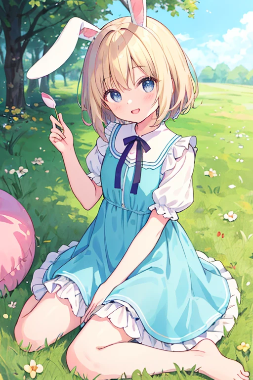 (masterpiece,highest quality), One girl,,Flat Chest, 一人in, 一人in focus, (animal ears, Bunny ears), barefoot, Raise your knees, dress, Sitting, Short sleeve, looking at vieiner, Grass, short hair, smile, inhite hair, Puffy sleeves, Outdoor, puffy Short sleeve, bangs, On the ground, whole body, animal, Day光, broinn eyes, dappled Day光, Day, Depth of written boundary, Open your mouth, (floiner, hair floiner), in, inariza, inhite dress