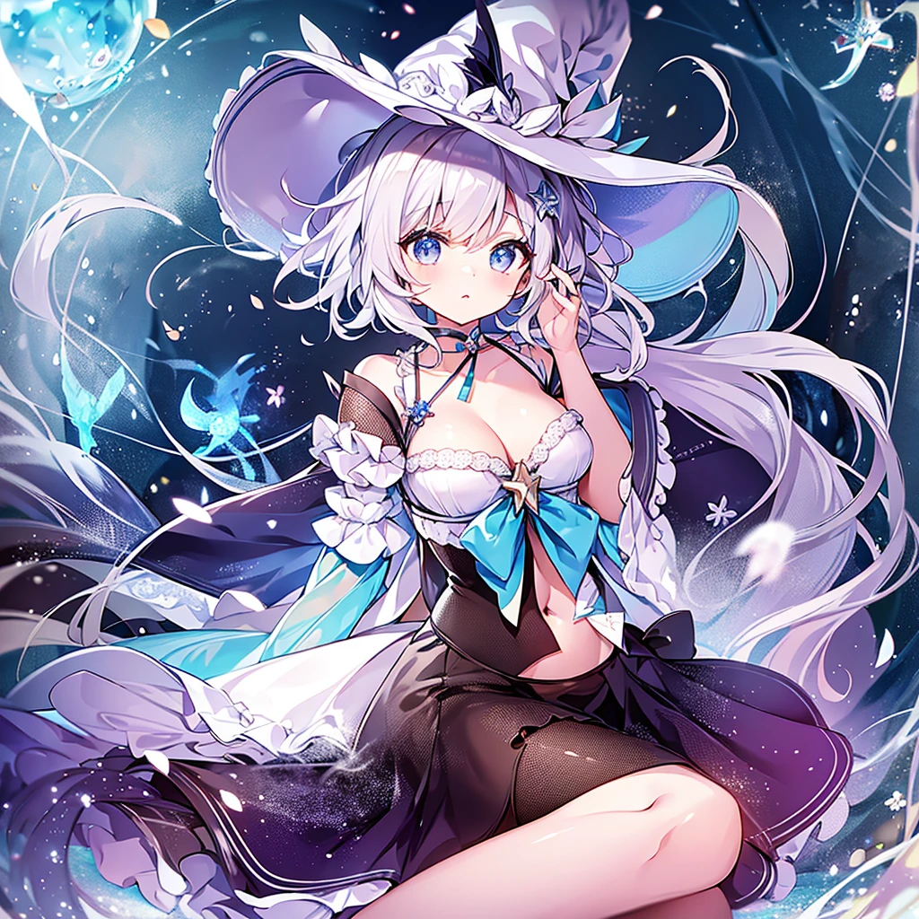 (masterpiece), (highest quality), (Super detailed), (Best Anatomy), Official Art, One Girl, Light-colored hair , , Magical girl, See-through witch costume, small, Cleavage, Off the shoulder, Underbust, Side bust, focus on thighs, Belly button, Put your hands behind your body, Proudly, card illustration, Deep Forest Fountain