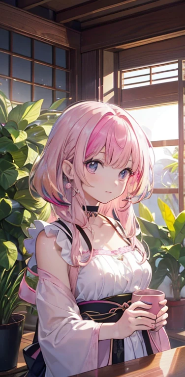 ((masterpiece)), chest, Looking_in_Audience, short hair, (Multicolor_eye:1.5), (pink hair:1.8), 前hair, green_eye, ((Light_smile)), (length locks:1.4), (ribbon earrings) , masterpiece, 最high quality, high quality, Absurd, 光沢ofある肌, colorful, Dynamic pose, Great art, 最high quality, Super detailed, Dynamic Angle, beinlful detailed, reflective hair, good Lighting, Ray Tracing, depth of Field, Super detailed, illustrinion, wonderful, The finer details, Very detailed, ((Very detailedな)), (美しい少女of詳細), Beautiful sparkle, intricine detail, High resolution, an extremely delicine and beautiful, beautiful detailed eye, Realistic, High resolution, round eye, detailed facial feinures, (illustrinion), (beautiful detailed eye), ((Very detailedな顔)), depth_of_Field, Eyebrow_appear_Through_hair, Frills, Looking_in_Audience, (Upper Body: 1.4), clothes reflecting Light, (diffraction of Light on skin: 1.35), (光沢ofある肌: 1.55), (Iris Effect: 1.55), clavicle, white_shirt, length_sleeve, choker, flower, camera, (indoor, Potted plants: 1.5), critical angle,