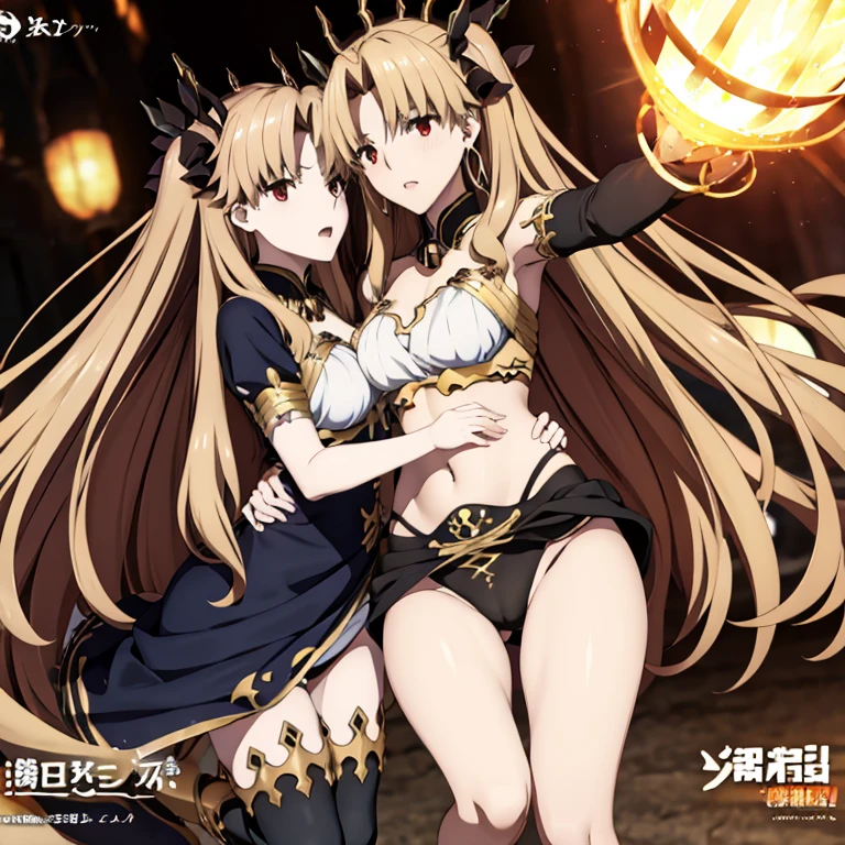 Ishtar and Ereshkigal, two anime girls dressed in costumes and holding hands on their hipss, characters from azur lane, anime maids riding early tanks, from the azur lane videogame, two beautiful anime girls, azur lane style, ecchi anime style, official anime artwork, range murata and artgerm, anime girls, maid outfit, black-white skintight robes!