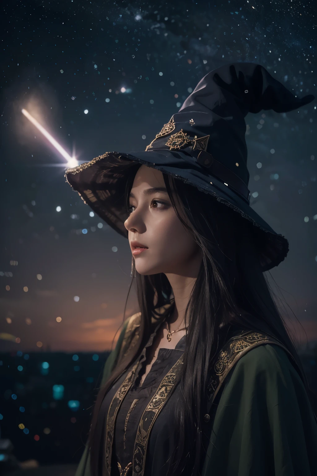 Araped woman wearing wizard hat and wizard gown, No makeup , without makeup, portrait of a girl, Profile picture, Use Instagram Filters, Subtle soft and dim light, magic school, perfect face, julia sardinian, broomstick, night sky, Milky Way,