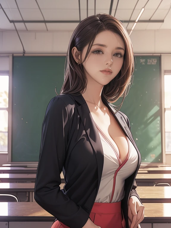 (8k,Photorealistic, masutepiece, Best Quality, Raw photo:1.3)、1girl in, 18years old,Solo,school girl, Long hair, Brown hair, Detailed beautiful face, alluring face, (Detailed beautiful brown eyes:1.2), medium breasts,(cleavage cutout:1.3),(coverd nipples:1.1),(loose suit, sheer pencil Skirt :1.35), ( Perfect body skinny beauty: 1.4),( temptation Pose:1.3), (Looking at Viewer, front view,eyes focus:1.2), Detailed background, (sunset:1.2), classroom,fine detailed, intricate detailes,  Ray tracing, depth of fields, seductive smile,classroom,