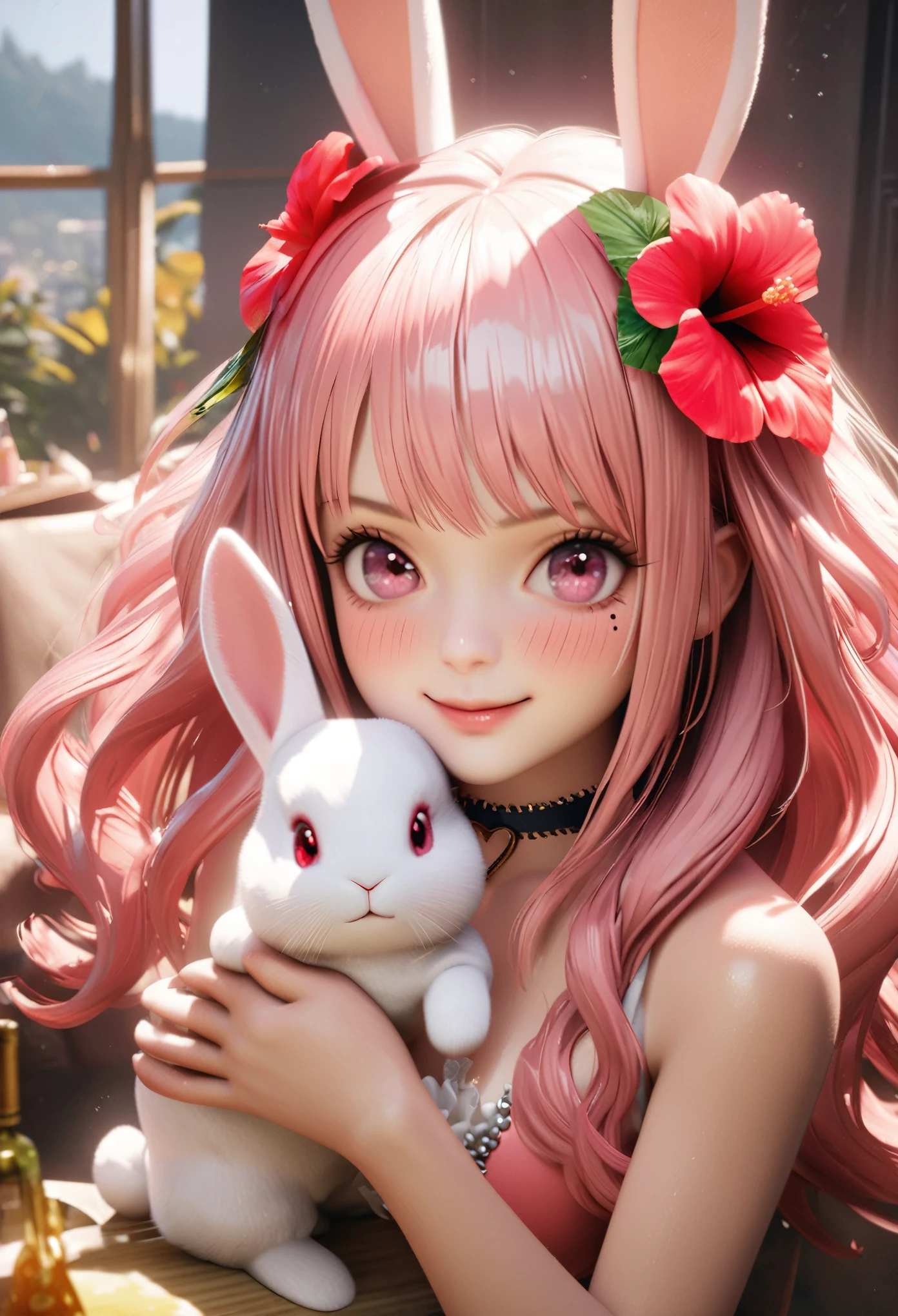 masterpiece, highest quality, Very detailed, High resolution, Expensive resolution, High resolution, 4K, 8k, unity 8k wallpaper, Very detailed CG, masterpiece, Realistic, 2D, 3D, Beautiful details, depth, Fine texture, highest quality: 1.3, Total concentration, Crisp skin, he, Very cute anime rabbit, A cute rabbit like an idol, expensive pink long hair, One Girl, Aloha One Piece, morning, morning食, Hibiscus Hair Accessories, Smiling long pink hair, whole body, Mole under the eye, Line Sight, expensive, blush, Lips parted, heart, Pink Eyes, choker