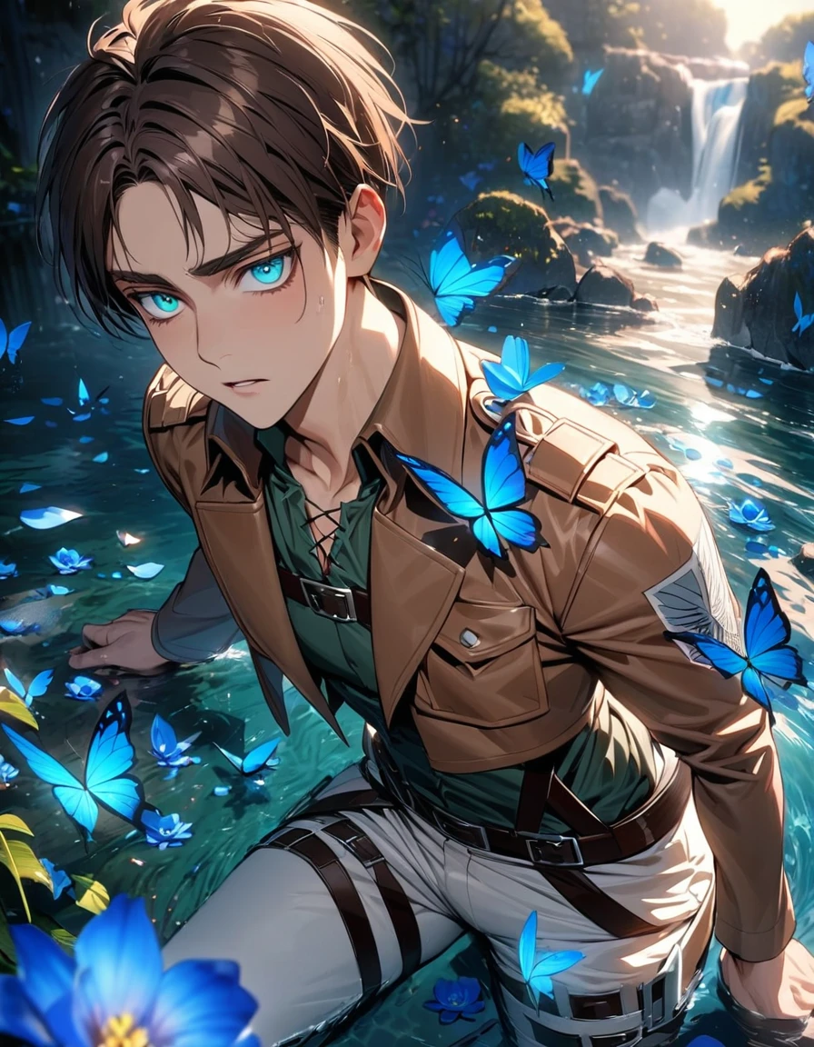 absurdres, highres, ultra detailed, HDR, masterpiece, extremely detailed face and eyes, Eren Yeager, brown hair, expressive turquoise eyes, Shingeki No Kyojin, solo, sexy man, very handsome, water, blue lilies, petals, butterflies, brown jacket, white pants