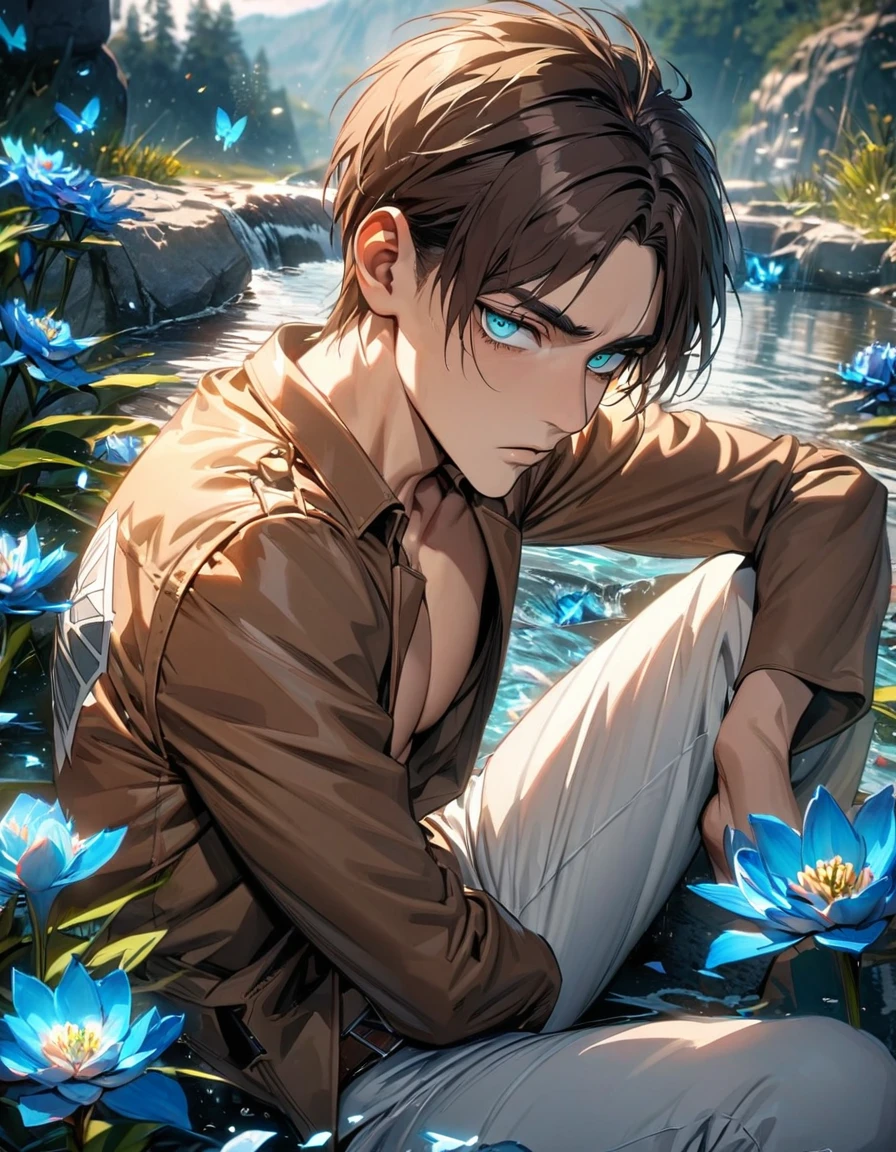 absurdres, highres, ultra detailed, HDR, masterpiece, extremely detailed face and eyes, Eren Yeager, brown hair, expressive turquoise eyes, Shingeki No Kyojin, solo, sexy man, very handsome, water, blue lilies, petals, butterflies, brown jacket, white pants