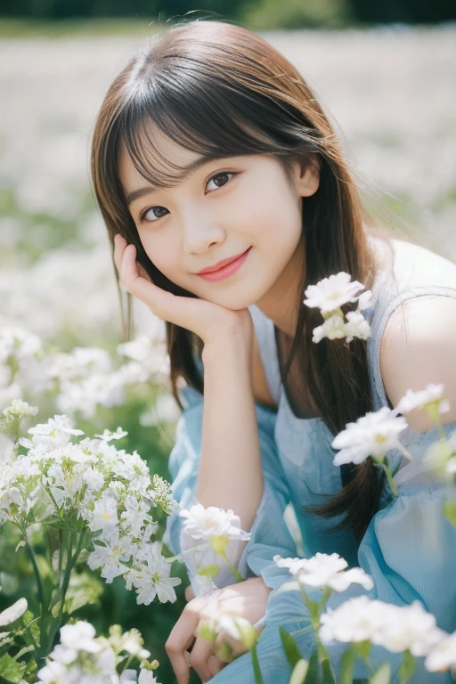 Realistic photo quality、arafed woman Sitting in a flower field with her hand on her chin, Sitting in a flower field, A field of white delphinium flowers、Portrait of a Girl, Girl sitting in a flower field, 200mm Portrait, Squatting in a flower field,   close up portrait photography, ２0 year old Japanese female、smile、Fashion Model、Idol、Sheer light blue-gray slip、Shoulder straps、可愛いsmile