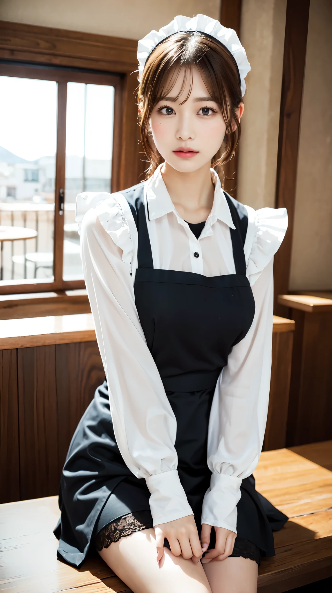 One Girl, apron, Black dress, blush, Braiding, dress, Eyebrows visible through hair, Big Breasts, valley, My chest is exposed, Beautiful nipples, Frills, gloves, Hair between the eyes, jewelry, Juliet Sleeve, Long sleeve, Maid, Maid apron, Maidの頭飾り, Puffy sleeves, short hair, Sitting, White apron, window, Huge 、Nogizaka Idol、Korean Idol、Gravure idol pose、actress、Age 25、expensive、Cafe、restaurant, Official Art,Highly detailed CG Unity 8k wallpaper, (masterpiece:1.0),(highest quality:1.0), photo shoot, 8k, Browsing Caution, High resolution, Kodak Portrait 400, Film Grain, Lens flare brilliance,Show Viewer