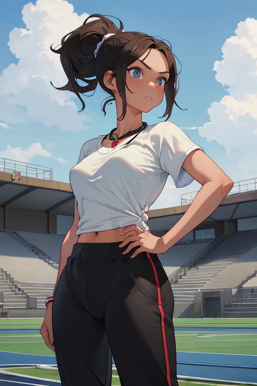 Masterpiece, high resolution, high quality, intricate details, anime girl, full body portrait, front view, 36 year old woman, attractive woman, mature face, mature beauty, brown hair, short ponytail, blue eyes, athletic body, medium breasts, curvy hips, arrogant smile, ((Wearing: White Gym T-shirt, Black Gym sweat pants, whistle necklace and black tennis shoes)), standing, hands on hips, looking at viewer, (Background: outdoors, middle school track field, blue sky, clouds in the sky),