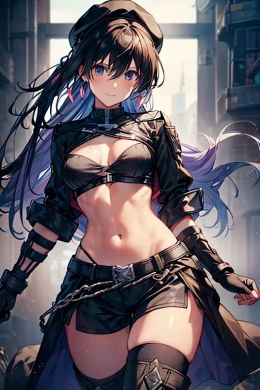 ubel,dark green hair,long hair,side ponytail,hair between eyes,bangs, BREAK (beret, black jacket, open clothes, cleavage, midriff, black shorts, black thighhighs, thigh strap, fingerless gloves, single glove:1.2), Photo,sharpness, F1.6 lens,hyper-realistic textures,spectacular light textures, Cinestil 800 Fashion Mechanics,(((Beautiful woman with left leg restrained and hung by chains))),Appearance,Beautiful girl with accentuated slender abs: 1.1,six-pack abs: 1.1, Bust Botox,Standing on tiptoe, long legs,Long brown hair fluttering in the wind,Brown hair, Long hair, Female Warrior Costume,(No panties,No bra),(tacticul battle fashion,elbow and knee tacticul battle fashion, battle glove: 1.1),((cute batre costume)),The belly comes out and the navel is visible,Thin sheer costume, combat gloves,shredded costumes,cyber long combat boots with golden knee pads,Anatomical,(futuristic sci-fi battle fashion, new elbow and knee cyberpads, new cyberlong boots, new cybergloves: 1.1),(tied perfectly by iron chain), Restraint, Slave, collars, contempt, (Chained), 4 chains hung from heaven, Metallic shackles and fetters, wet crotch clearly visible,((Hands are restrained above the head)), the neck is chained,Chain from left knee to heaven,Chained by rusty iron chains,((the tip is protruding, areolas protruding,The shape of the pubic harearea is clearly visible:1.2)),Sweating,Wet,Wet crotch,Wet thighs,Junkyard, Realistic, (cute, perfect clothes, skimpy clothes, cute: 1.3) ,Vast miritary base in us,((wide mirtary hospital with summer sunlight)), peeling ceilings, Rebar between, Realistic material details, Extreme details, Ultra-realistic materials,narrow waist,(with sparkling eyes and a contagious smile:0.9),looking at viewer,
