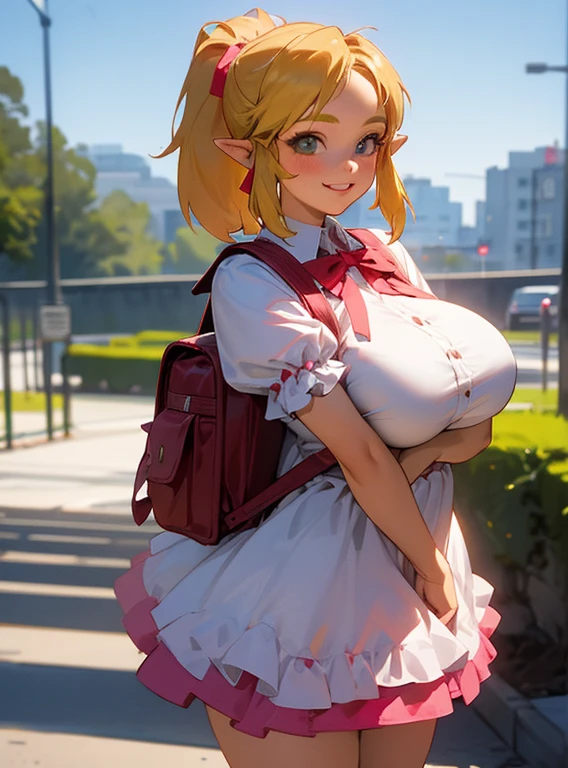 masterpiece, best quality, high resolution, extremely detailed, detailed background, cinematic lighting, 1girl, bangs,Blonde twintails,pink shirt,, frown, city, street, looking at viewer, smile, full body, sunlight, dappled sunlight, day, outdoor, park, fullbody, wearing pink randoseru backpack, (randoseru backpack:1.0)Big Breasts、Completely naked