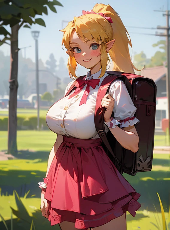(link:1.5), legend of zelda, GS-womanly Masterpiece, hd, realistic, (10 years old:1.5), 1girl wearing a pink idol dress (idol dress) layered skirt, frills, ribbon, bow, sequins, smile, (Blonde hair), outdoor, ponytail, standing, outdoor, wearing school backpack, (red backpack:1.1), (huge breasts:1.3), (best quality,1girl,baby face,smile,cute)