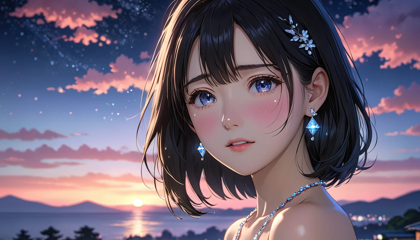 National Science Foundation,masterpiece,High resolution,8K,Art,digit,Three-dimensional,symmetrical picture,Kyoto Animation Style,your name movie style,Facing the camera,night,midnight,Soft Light,Glowing skin,(1 female: 1.3),(alone: 1.4),(((Black hair))),(Naked upper body),(crystal hairpin),(crystal necklace),(crystal earrings),(There is a tear mole under the left eye),Long eyelashes,slender legs,Short Bob,Close-up of upper body,Close-up,close view,night星空,The brightly lit coast in the distance,sunset,(Starry eyes),(Blushed),(shy),(shy),(open mouth),(((cry))),(((shed tears))),(((feel sad)))