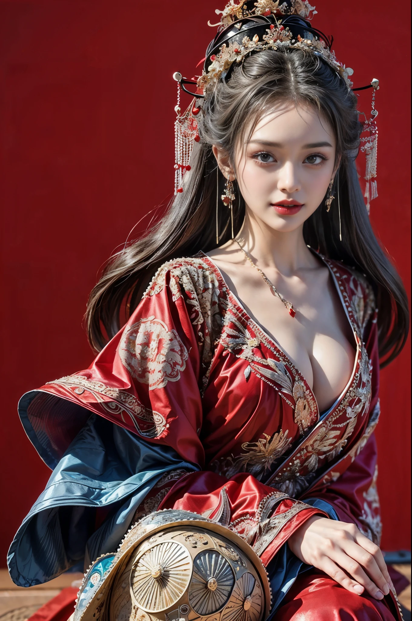 （Ultra-realistic 8K CG：1.2），Perfect artwork，delicate patterns，Complicated details，Heavy makeup，（Unbeatable masterpiece，Best quality at best：1.2），（extremly intricate：1.2），A beautiful cyberpunk woman，Woman in red and gold dress，（Expose legs1:1.2），Phoenix crown，hair stick，（sitting on red bed），cosmetics，Be red in the face，is shy，black_Hair，looking-down，cosmetics，（forehead dot），（2 red candles），Chinese_clothes，curtain，耳Nipple Ring，Hair_decorations，Hanfu，inside in room， jewely，rednails，Long_Sleeves，reddress，Redlip，nipple tassels，（Red quilt），（red palace：1.2），（Chinese Ancient Architecture），（rot：1.8），natta