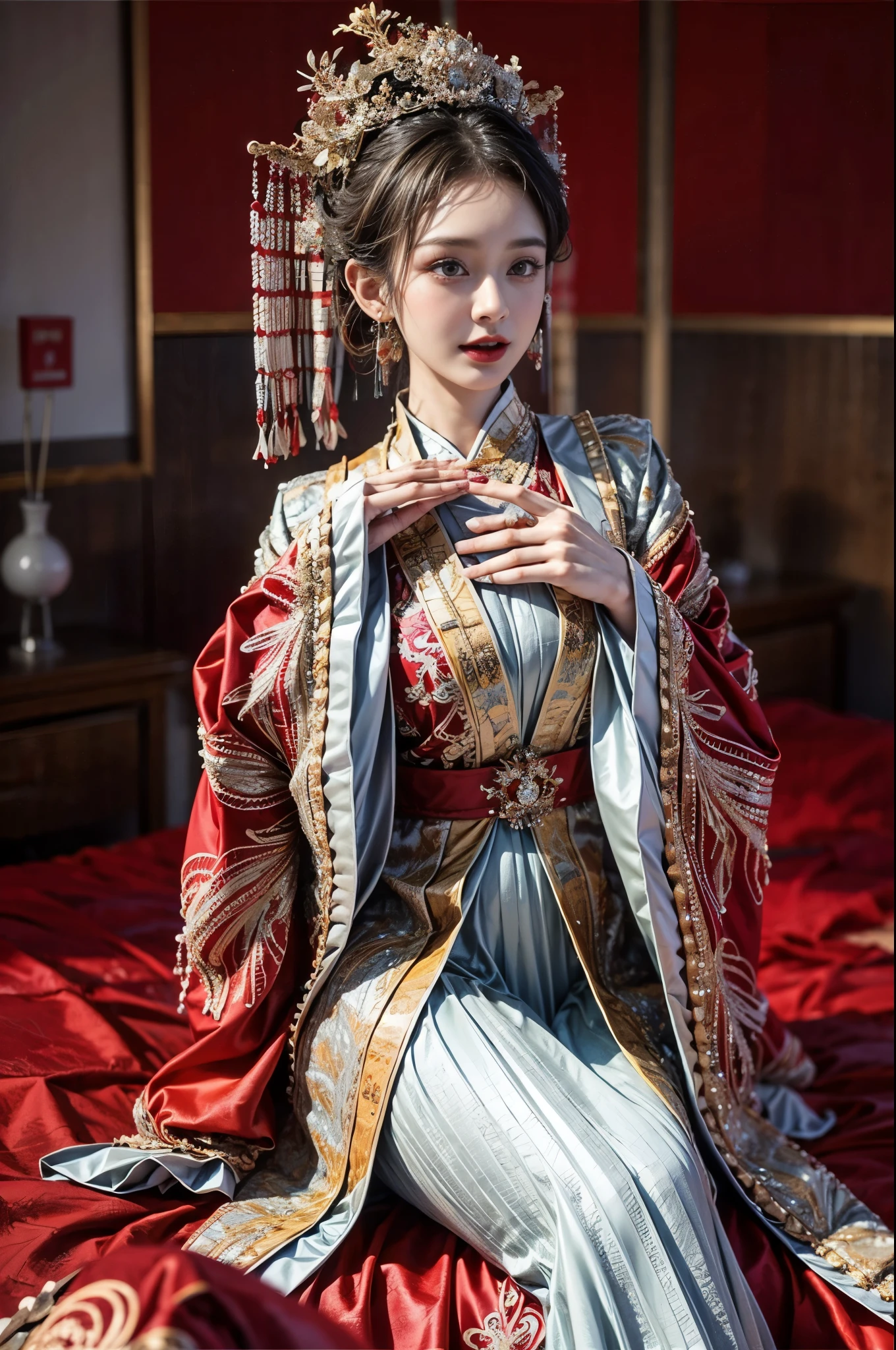 (Ultra-realistic 8K CG:1.2),Perfect artwork,delicate patterns,Complicated details,Heavy makeup,(Unbeatable masterpiece,Best quality at best:1.2),(extremly intricate:1.2),A beautiful cyberpunk woman,Woman in red and gold dress,(Expose legs1:1.2),Phoenix crown,hair stick,(sitting on red bed),cosmetics,Be red in the face,is shy,black_Hair,looking-down,cosmetics,(forehead dot),(2 red candles),Chinese_clothes,curtain,耳Nipple Ring,Hair_decorations,Hanfu,inside in room, jewely,rednails,Long_Sleeves,reddress,Redlip,nipple tassels,(Red quilt),(red palace:1.2),(Chinese Ancient Architecture),(rot:1.8),natta