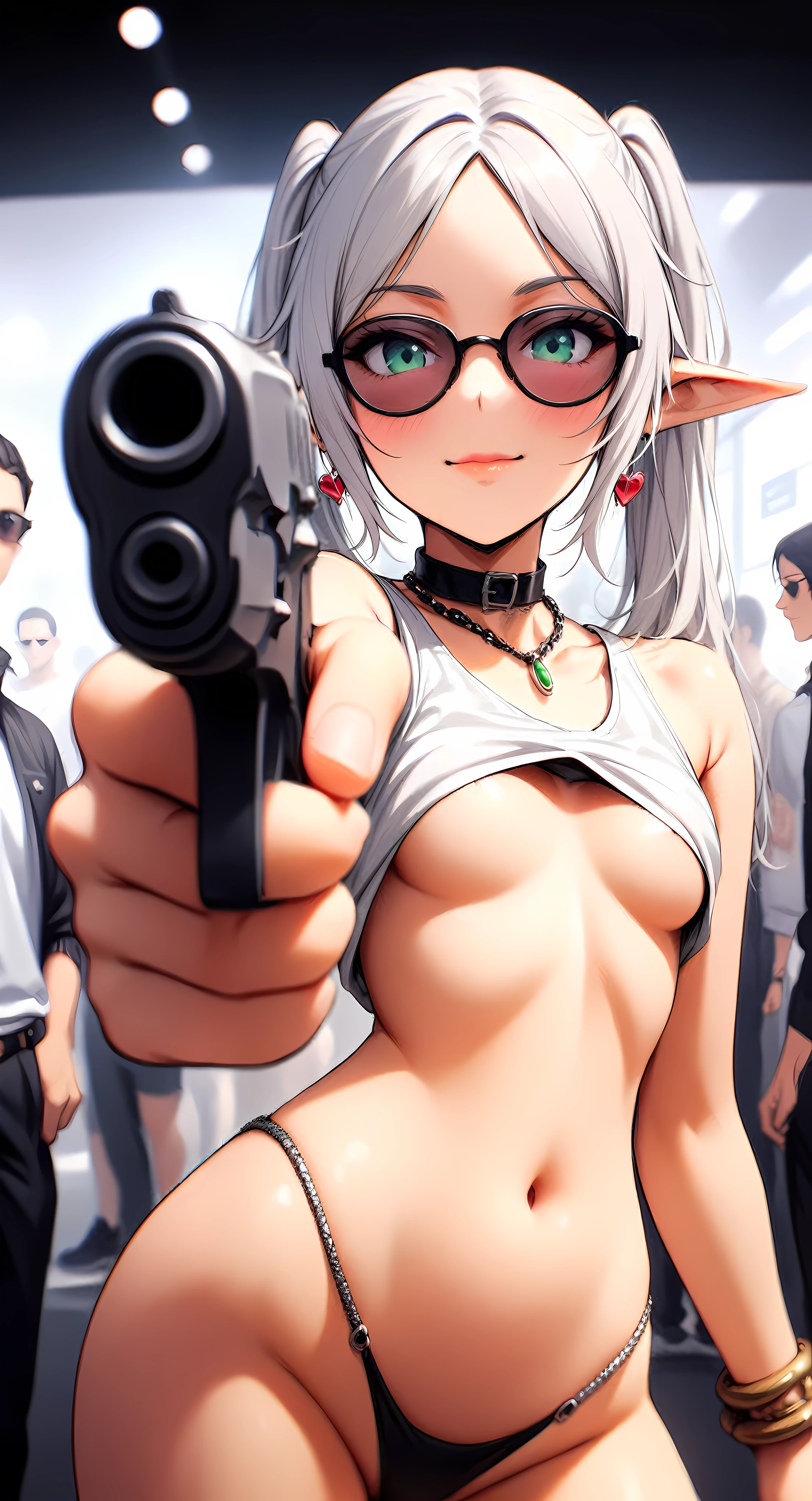 high-key and low-variance brightness scale,soft light,realistic light and shadow,light and dark interlaced,(aiming at viewer:1.4),looking at viewer,dramatic angle,(solo:1.6)
(masterpiece),(best quality),(highres),(by famous artist),(((official art))),(by Paul Hedley),(illustration),
1girl,(frieren:1.6),(elf:1.4),fashionable female
(small breasts:1.3),(underboob:1.5),(whole body),(round face),(pointy ears),(slim legs),(skinny body),(detailed beautiful face),lustrous skin,shiny skin,(articulated fingers),navel,midriff,thick lips
(white tank top:1.4),(thong:1.4),(frayed denim shorts),(white socks),(sport shoes),(off shoulders),(belly chain),belt,hair ornament,heart-shaped earrings,silver bracelet,black choker
indoor,(clothing store:1.4),(multiple clothes),small items on display,various accessories,jewelry,earrings,makeup,collarbone necklace,headpiece,
((seductive smile)),blush,((standing)),(pointing pistol:1.4),
(sunglasses:1.2),(green eyes)
(white hair),long hair,twintails,parted bangs,(reflective hair),