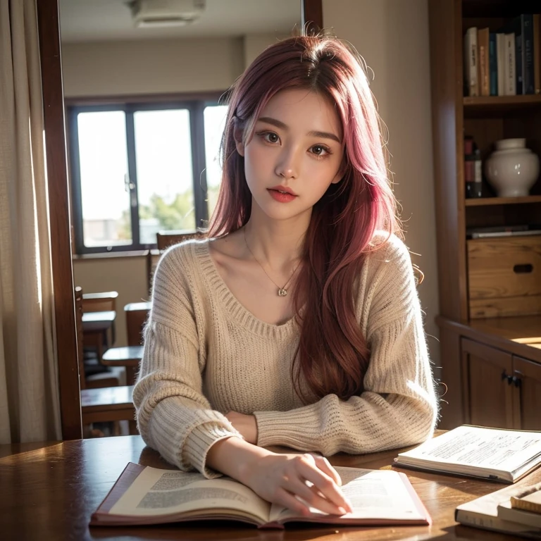 ((highest quality)), ((masterpiece)), (detailed), Perfect Face、Pink hair is long、Her hair color is pink.、Long Hair、sad、Off-the-shoulder sweater、Outdoor、look up at the night sky、Look at me、