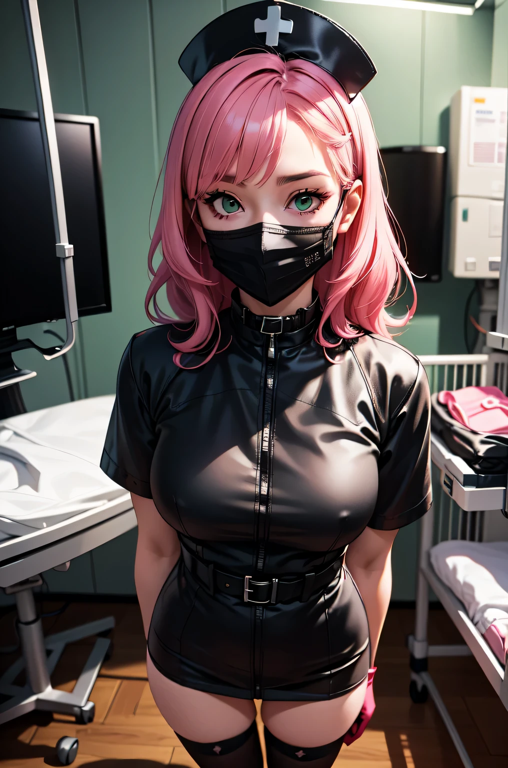 black nurse, 1woman, solo, black nurse cap, black nurse uniform, ((black legwear, zettai ryouiki)), black elbow gloves, pink hair, green eyes, drooping eyes, ((black surgical mask, covered nose)), standing, ((surgery room)), sharp outline, short sleeves, mature female, 32 years old, best quality, masterpiece