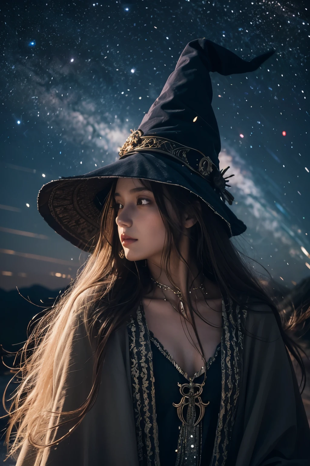 Araped woman wearing wizard hat and wizard gown, No makeup , without makeup, portrait of a girl, Profile picture, Use Instagram Filters, Subtle soft and dim light, magic school, perfect face, julia sardinian, broomstick, night sky, Milky Way, 