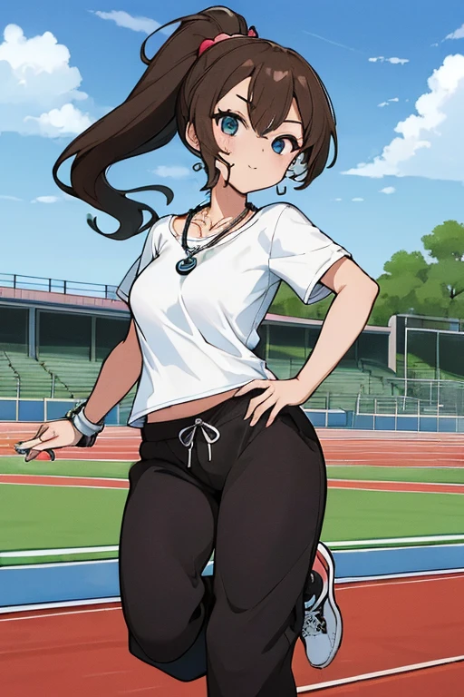 Masterpiece, high resolution, high quality, intricate details, anime girl, full body portrait, front view, 36 year old woman, attractive woman, mature face, mature beauty, brown hair, short ponytail, blue eyes, athletic body, medium breasts, curvy hips, arrogant smile, ((Wearing: White Gym T-shirt, Black Gym sweat pants, whistle necklace and black tennis shoes)), standing, hands on hips, looking at viewer, (Background: outdoors, middle school track field, blue sky, clouds in the sky),