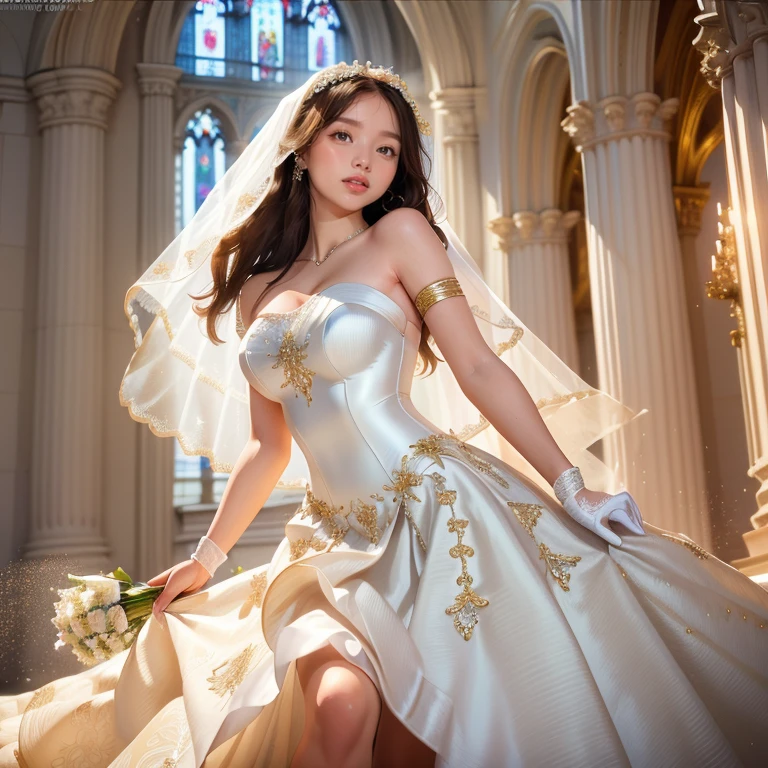 (best quality, masterpiece:1.2), (realistic:1.3),, (ultra-detailed background, detailed background), bokeh,, , gorgeous prom dresses, luxury prom dresses, wedding dress, bridal veil, bridal gauntlets, bridal cascading bouquet,, upper body,, wedding at church,, , 1girl, cute, teenage, posing, smiling,, dynamic angle, dynamic pose,, , very long hair