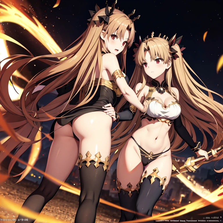 Ishtar and Ereshkigal, two anime girls dressed in costumes and holding hands on their hipss, characters from azur lane, anime maids riding early tanks, from the azur lane videogame, two beautiful anime girls, azur lane style, ecchi anime style, official anime artwork, range murata and artgerm, anime girls, maid outfit, black-white skintight robes!
