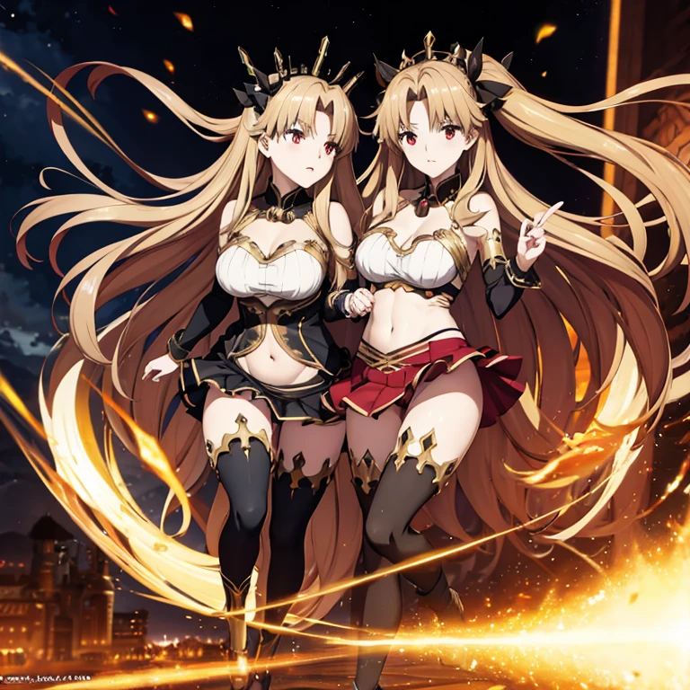 Ishtar and Ereshkigal, two anime girls dressed in costumes and holding hands on their hipss, characters from azur lane, anime maids riding early tanks, from the azur lane videogame, two beautiful anime girls, azur lane style, ecchi anime style, official anime artwork, range murata and artgerm, anime girls, maid outfit, black-white skintight robes!