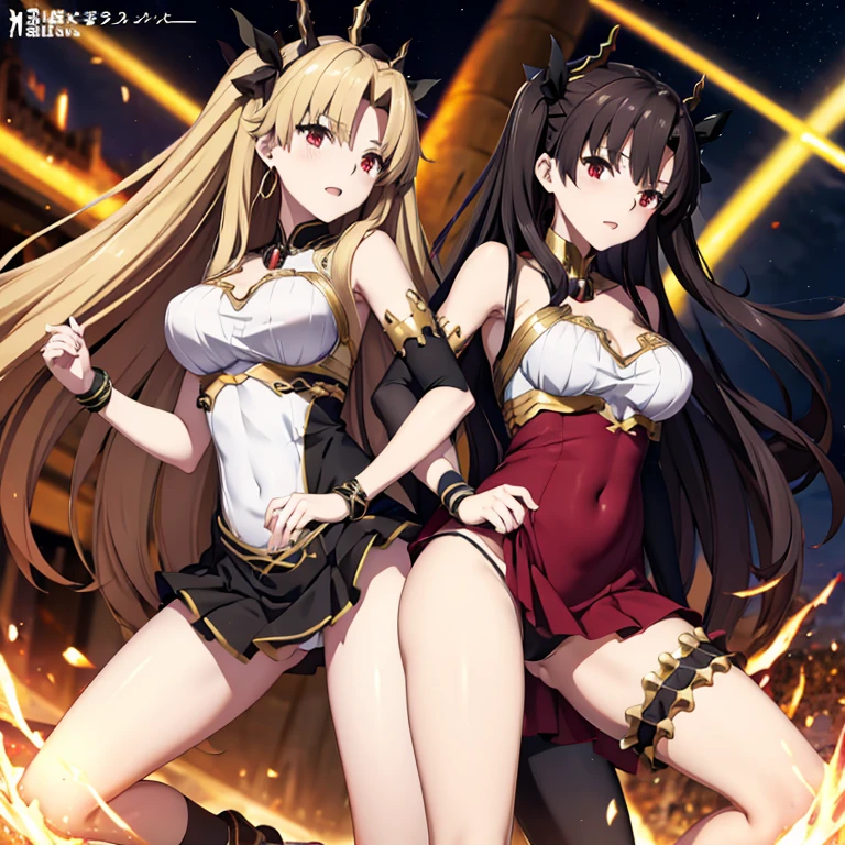 Ishtar and Ereshkigal, two anime girls dressed in costumes and holding hands on their hipss, characters from azur lane, anime maids riding early tanks, from the azur lane videogame, two beautiful anime girls, azur lane style, ecchi anime style, official anime artwork, range murata and artgerm, anime girls, maid outfit, black-white skintight robes!