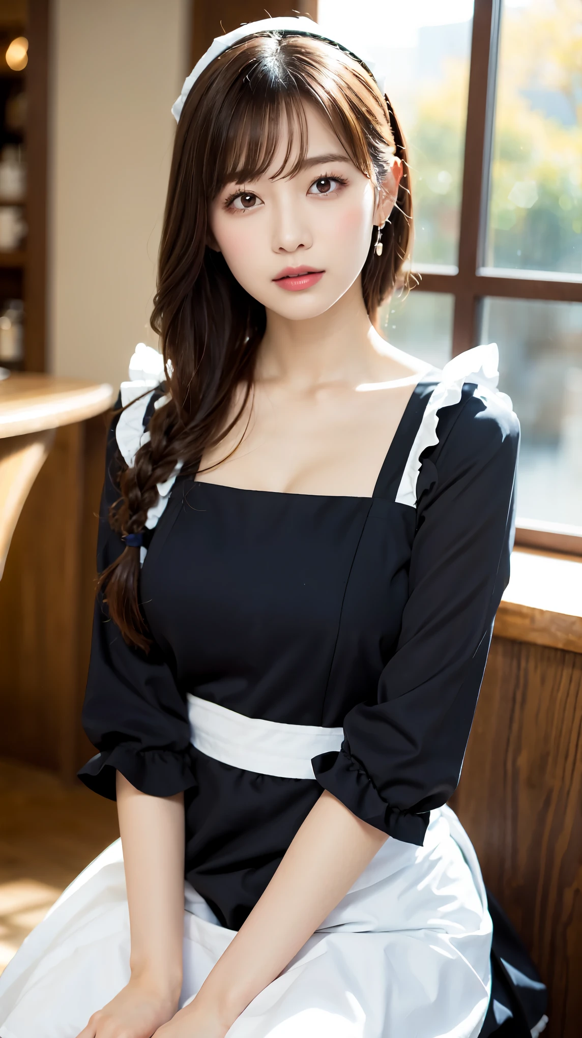 One Girl, apron, Black dress, blush, Braiding, dress, Eyebrows visible through hair, Big Breasts, valley, The chest is exposed, Beautiful nipples, Frills, gloves, Hair between the eyes, jewelry, Juliet Sleeve, Long sleeve, Maid, Maid apron, Maidの頭飾り, Puffy sleeves, short hair,((She lifted her skirt to show her panties.、Tempting you)), White lace panties, White apron, window, Huge 、Nogizaka Idol、Korean Idols、Burning idol pose、actress、Age 25、expensive、Cafe、restaurant, Official Art,Highly detailed CG Unity 8k wallpaper, (masterpiece:1.0),(highest quality:1.0), photo shoot, 8k, Browsing Caution, High resolution, Kodak Portrait 400, Film Grain, Lens flare brilliance,View Audience