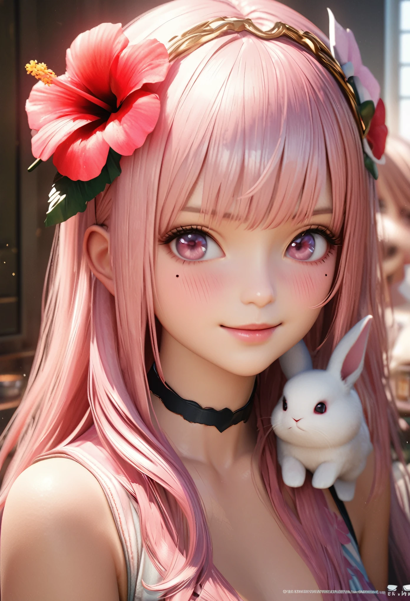 masterpiece, highest quality, Very detailed, High resolution, Expensive resolution, High resolution, 4K, 8k, unity 8k wallpaper, Very detailed CG, masterpiece, Realistic, 2D, 3D, Beautiful details, depth, Fine texture, highest quality: 1.3, Total concentration, Crisp skin, he, Very cute anime rabbit, A cute rabbit like an idol, expensive pink long hair, One Girl, Aloha One Piece, morning, morning食, Hibiscus Hair Accessories, Smiling long pink hair, whole body, Mole under the eye, Line Sight, expensive, blush, Lips parted, heart, Pink Eyes, choker