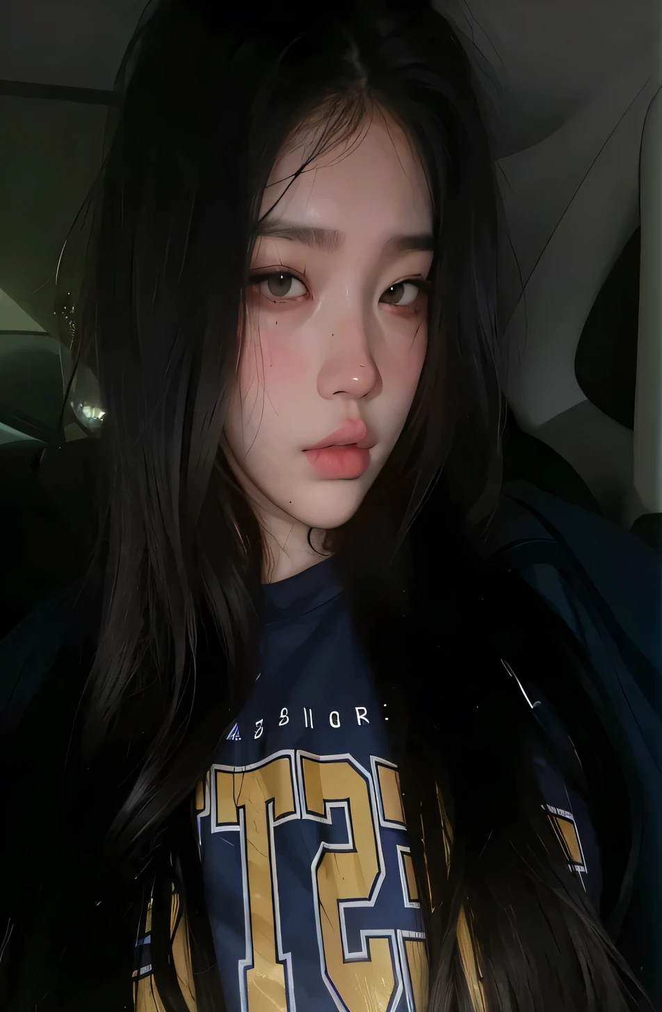 arafed asian woman with long black hair wearing a blue and yellow shirt, ulzzang, wan adorable korean face, pale round face, young adorable korean face, jaeyeon nam, korean girl, jinyoung shin, soft round face, with round face, beautiful round face, 🤤 girl portrait, south east asian with round face, 8k selfie photograph, beautiful aesthetic face